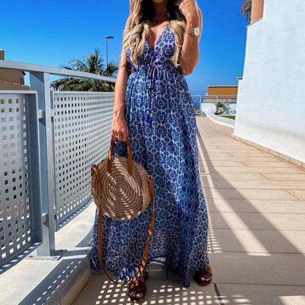 Elegant Print V-Neck Sleeveless Maxi Dress