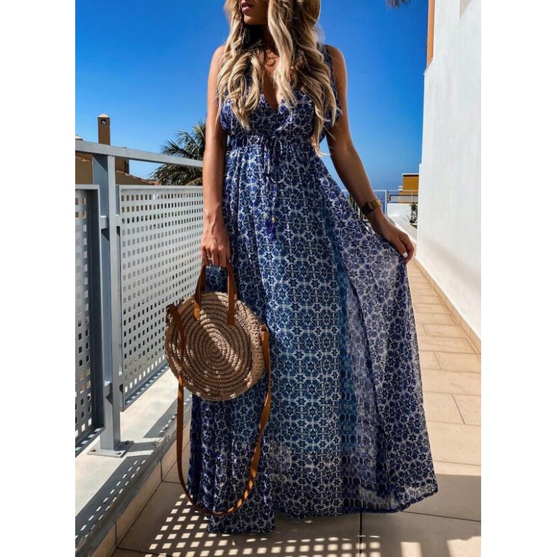 Elegant Print V-Neck Sleeveless Maxi Dress