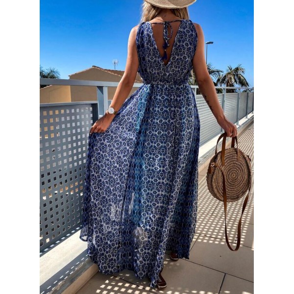 Elegant Print V-Neck Sleeveless Maxi Dress