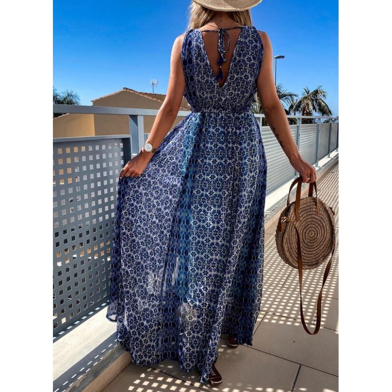 Elegant Print V-Neck Sleeveless Maxi Dress