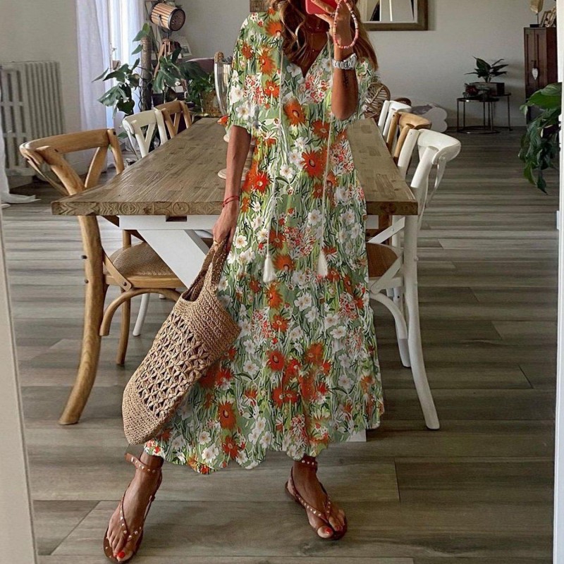 Romantic Half Sleeve Print Midi Dress