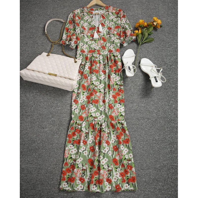 Romantic Half Sleeve Print Midi Dress