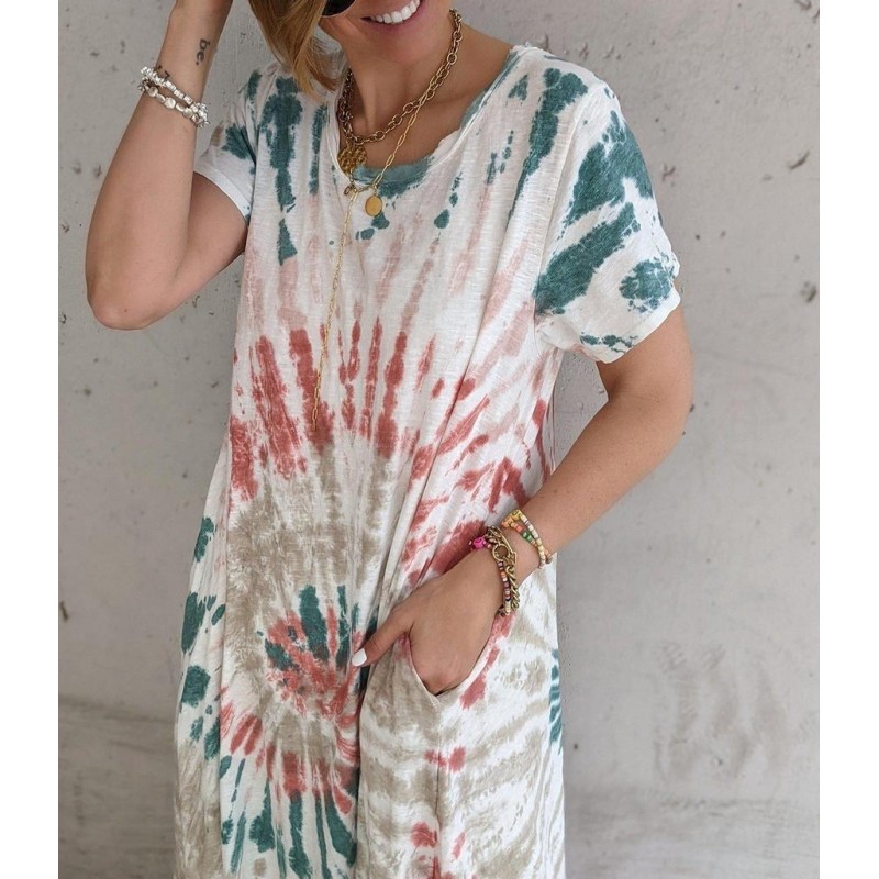 Temperament Tie Dye Print Short Sleeve Maxi Dress