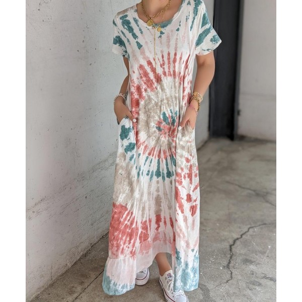 Temperament Tie Dye Print Short Sleeve Maxi Dress