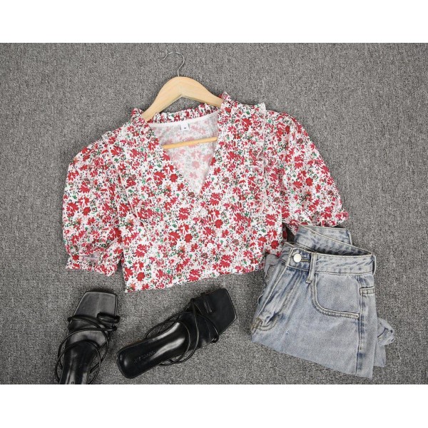 Romantic Floral Print Short Sleeve Top