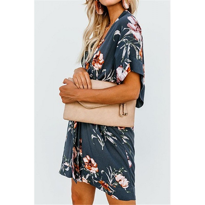 Romantic Print 3/4 Sleeve Mini Dress With Belt