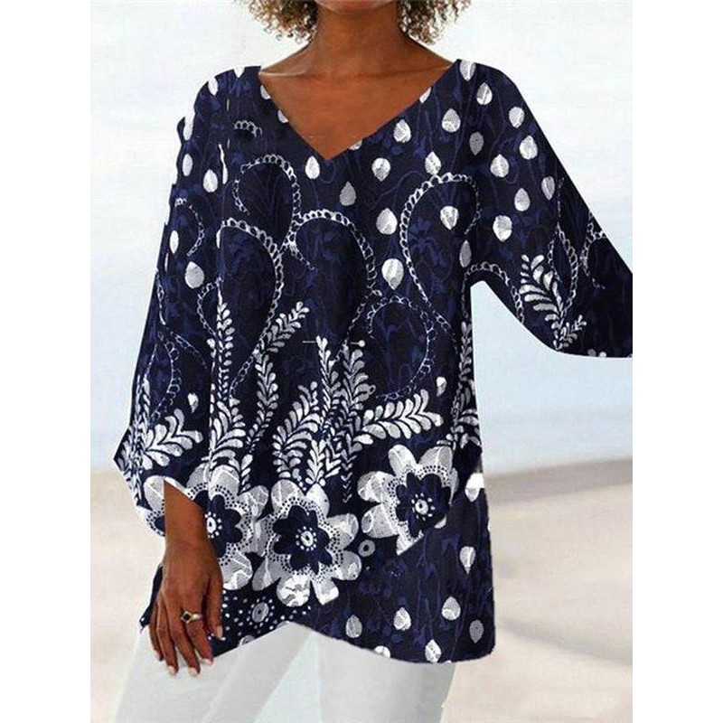 Navy Floral Print Peasant Blouse