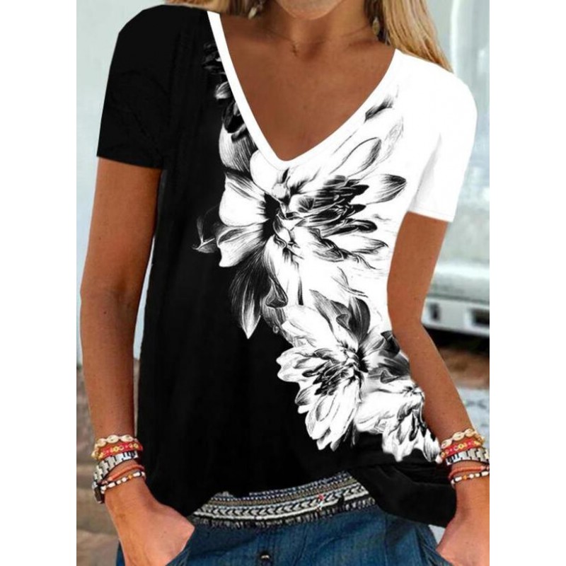 Chic V-Neck Short Sleeve Print Tee