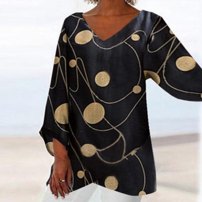 Loose V-Neck Long Sleeve Print Top