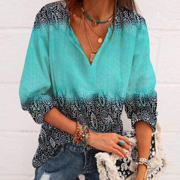 Modern Print V-Neck 3/4 Sleeve Blouse