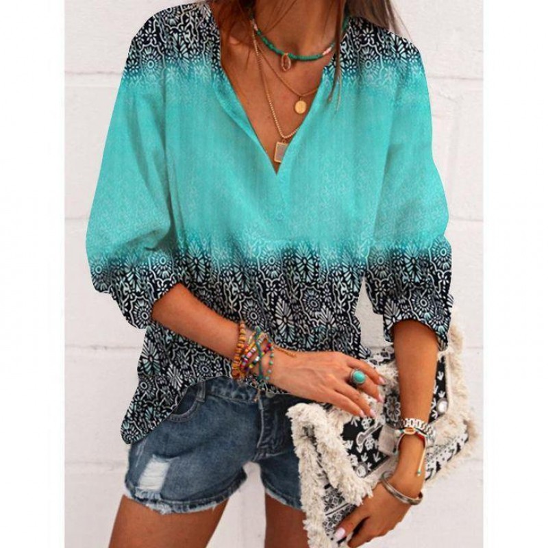 Modern Print V-Neck 3/4 Sleeve Blouse