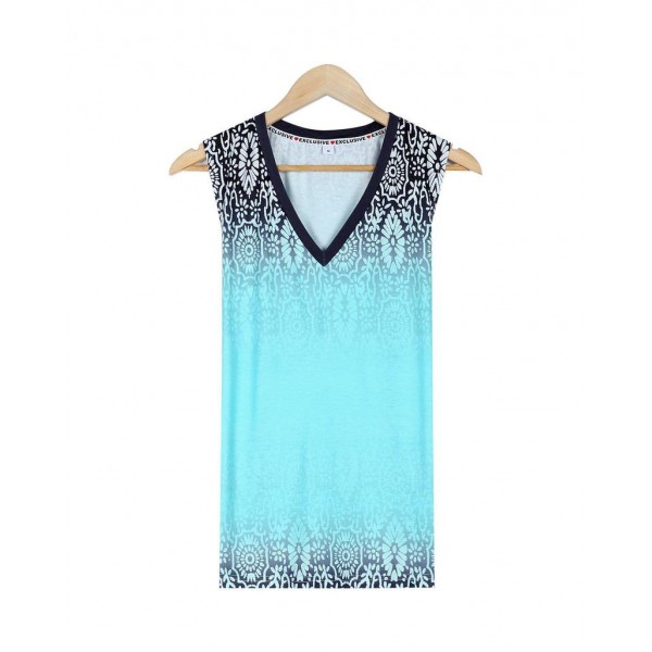 V-Neck Sleeveless Blue Print Top