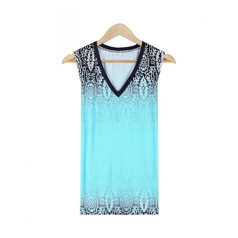 V-Neck Sleeveless Blue Print Top