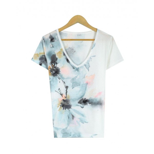 Casual V-Neck Short Sleeve Floral Top