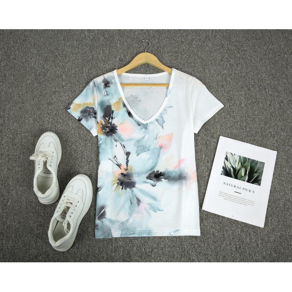 Casual V-Neck Short Sleeve Floral Top