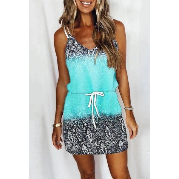 Pretty Blue Print Sleeveless Mini Dress