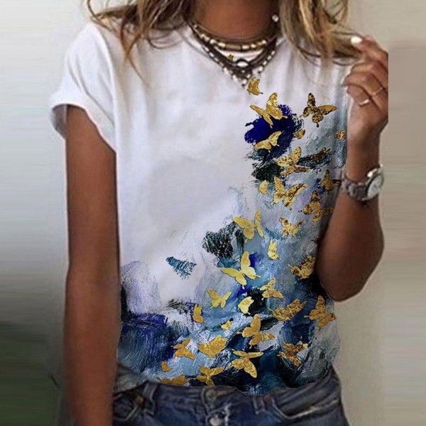 Pretty Butterfly Print Round Neck Top