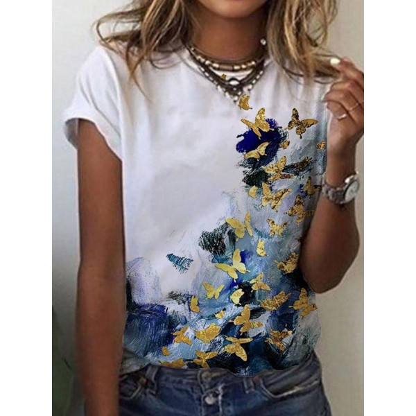 Pretty Butterfly Print Round Neck Top