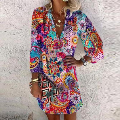 Groovy Print 3/4 Sleeve Mini Dress