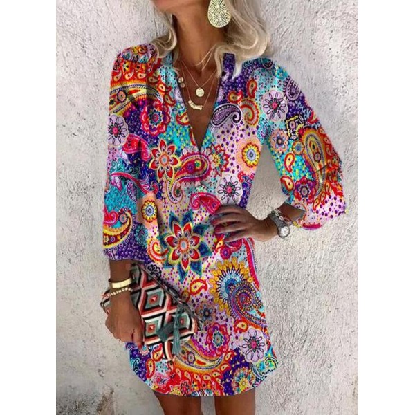 Groovy Print 3/4 Sleeve Mini Dress