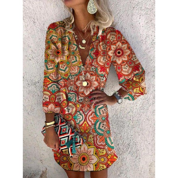 Groovy Print 3/4 Sleeve Mini Dress