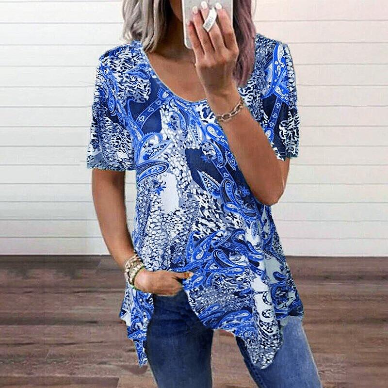 Basic V-Neck Short Sleeve Print Top