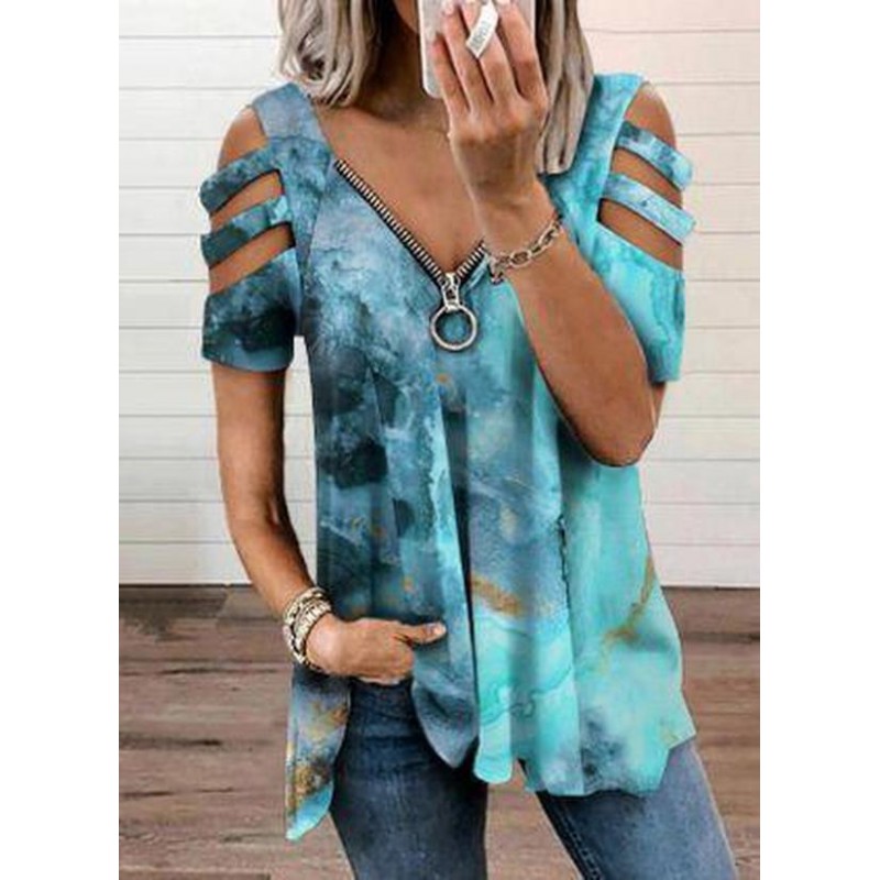 Chic Short Sleeve V-Neck Print Top