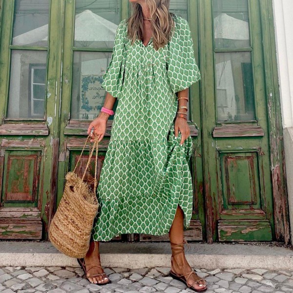 Fresh Print 3/4 Sleeve Maxi Dress