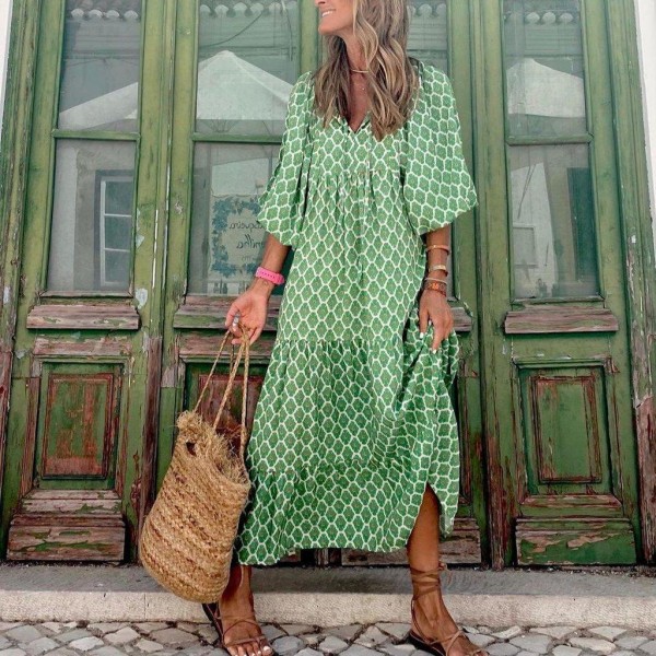 Fresh Print 3/4 Sleeve Maxi Dress