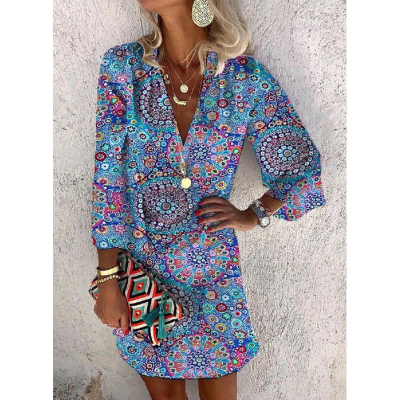 Retro Print 3/4 Sleeve Mini Dress