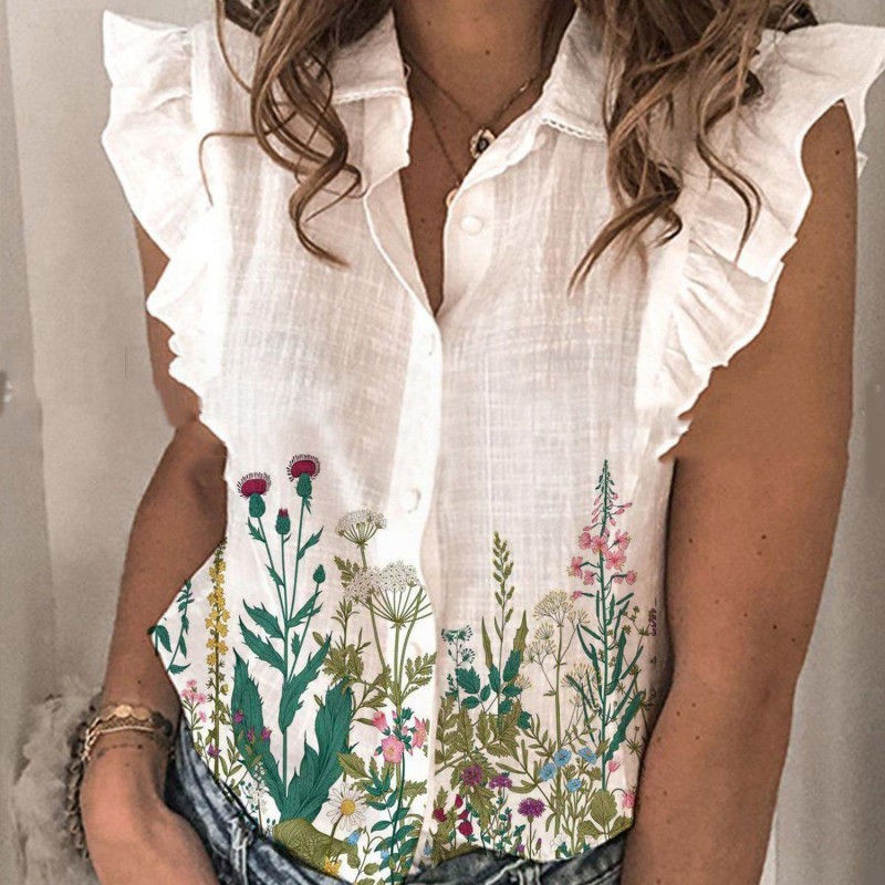 Romantic V-Neck Print Sleeveless Top