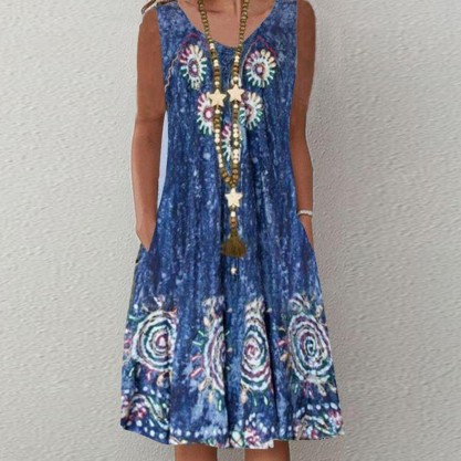 Retro Print Sleeveless Midi Dress