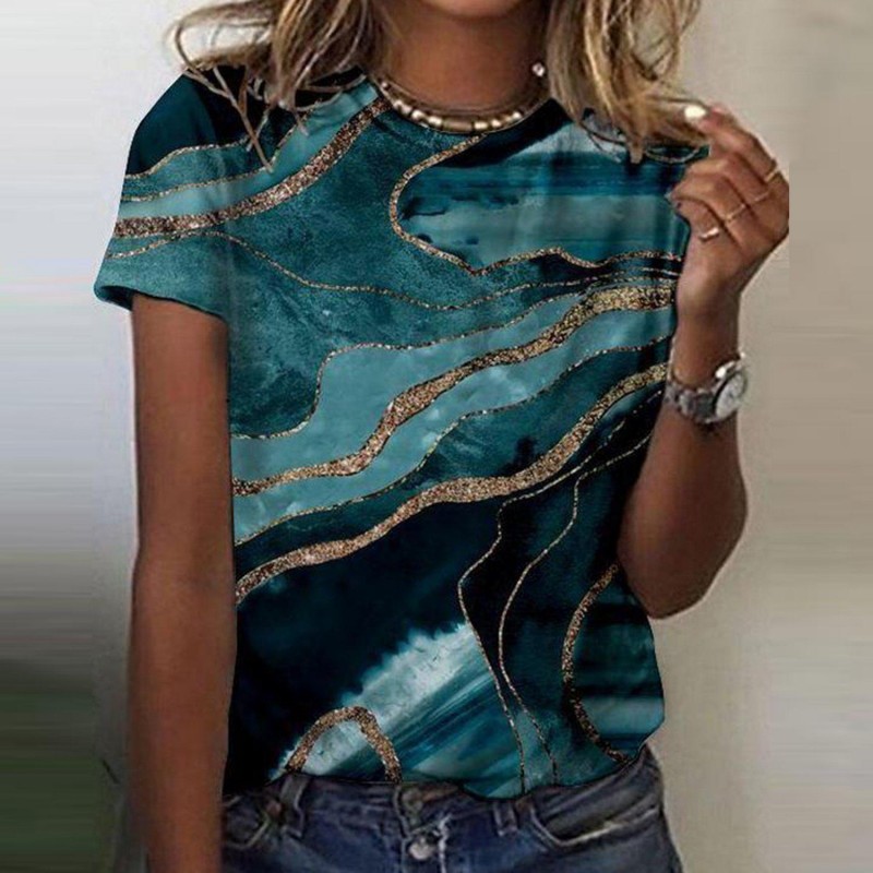 Stylish Round Neck Short Sleeve Print Top