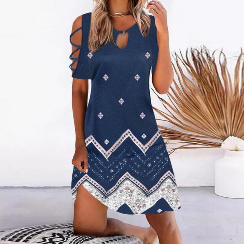 Chic Round Neck Print Mini Dress