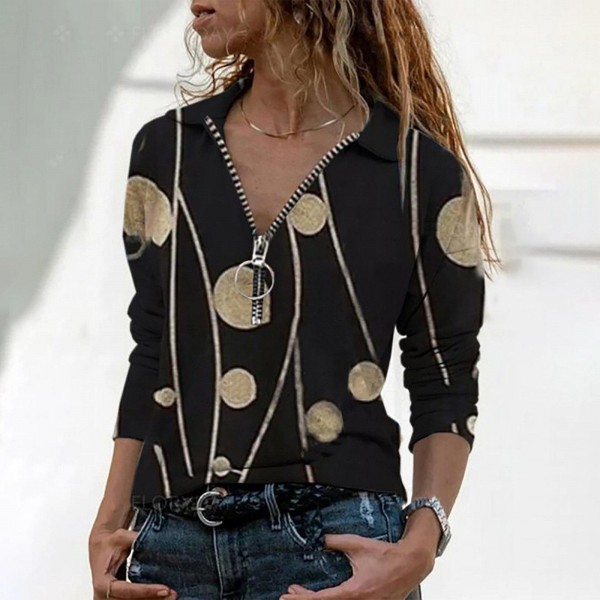 Stylish Long Sleeve Print Zipper Top