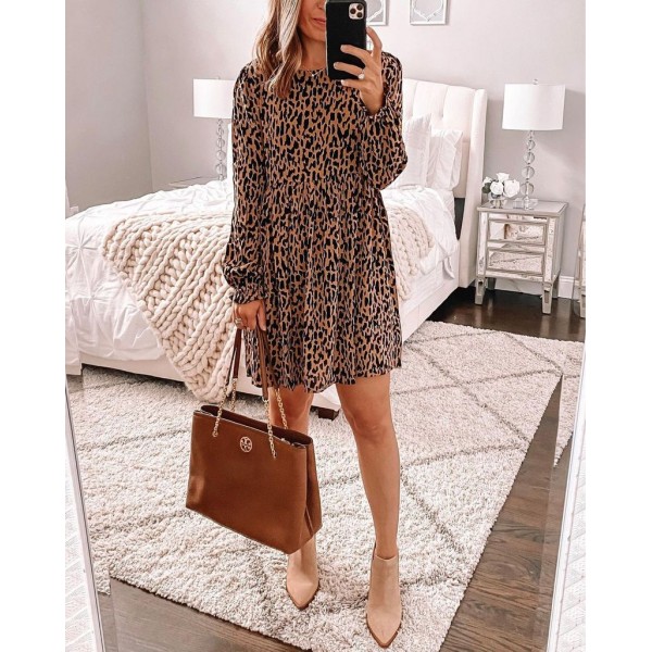 Wild Leopard Print Long Sleeve Mini Dress