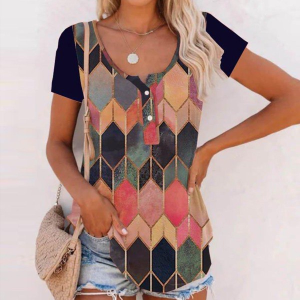 Colorful Geometric Print Short Sleeve Top