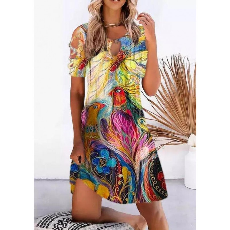 Retro Print Short Sleeve Mini Dress