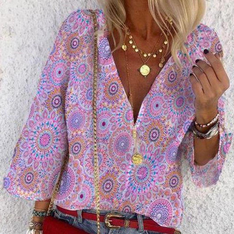 V-Neck Retro Print Top