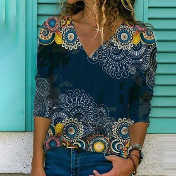 Romantic Printed V-Neck Long Sleeve Top