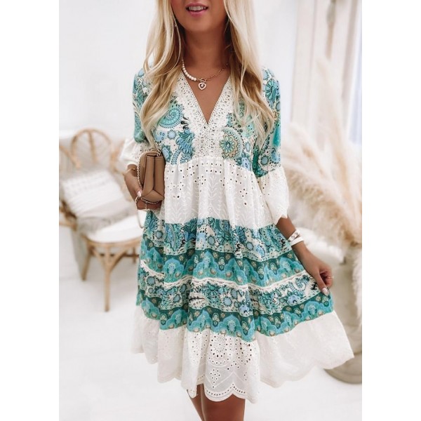 Fresh Print 3/4 Sleeve Mini Dress