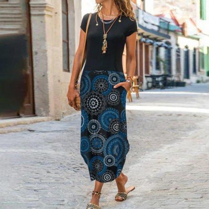 Chic Round Neck Print Maxi Dress