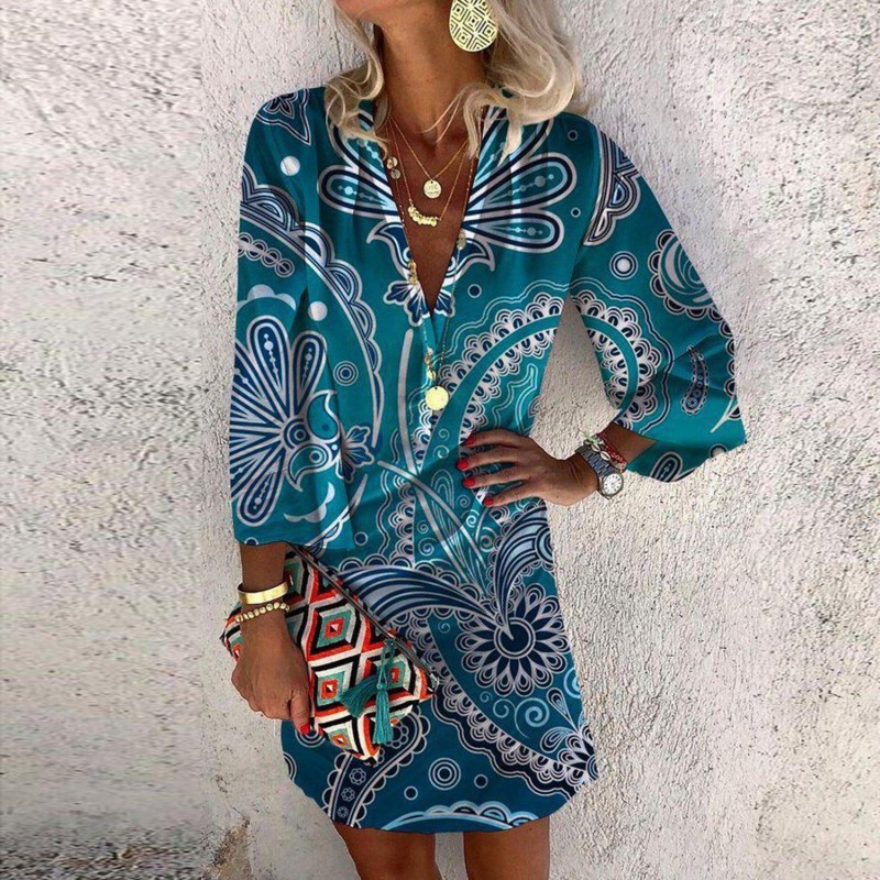 Modern Print 3/4 Sleeve Mini Dress