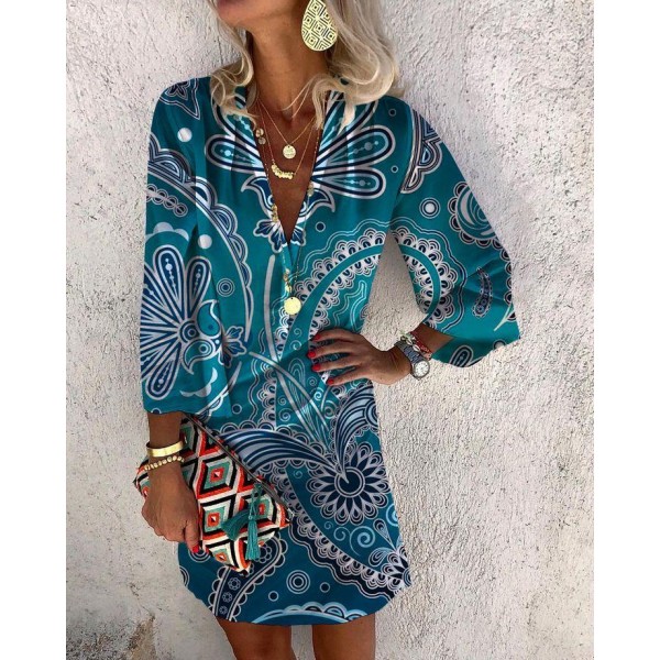 Modern Print 3/4 Sleeve Mini Dress