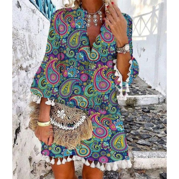 Stylish Print 3/4 Sleeve Mini Dress