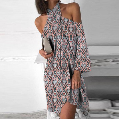 Vintage Print Long Sleeve Halter Mini Dress