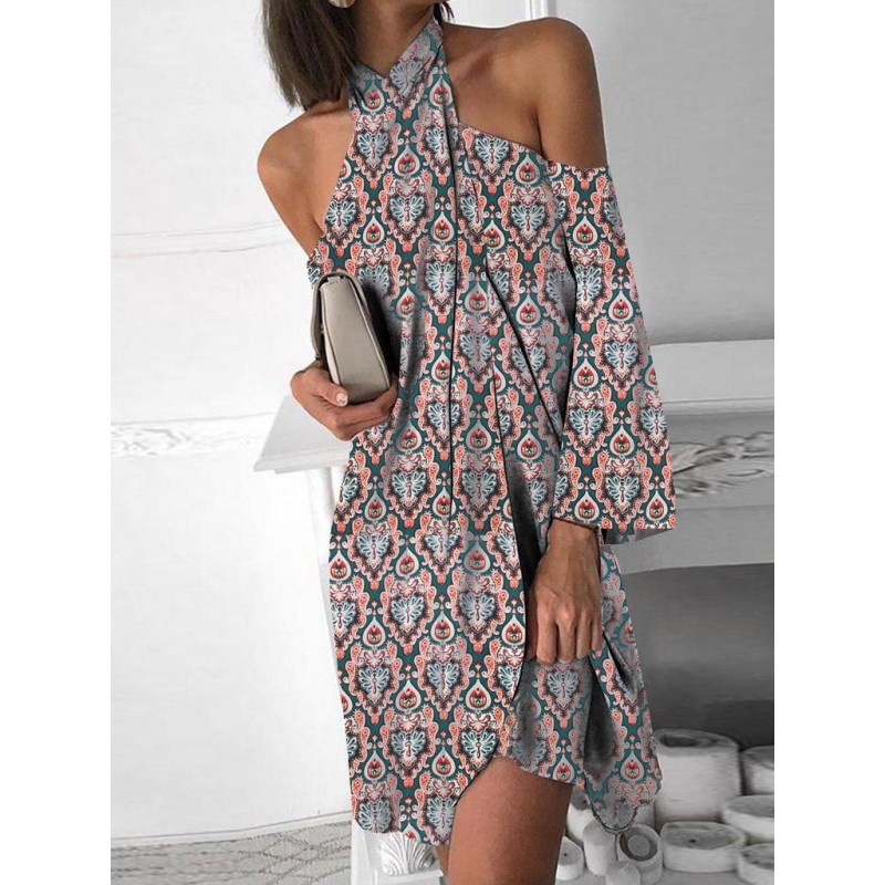 Vintage Print Long Sleeve Halter Mini Dress