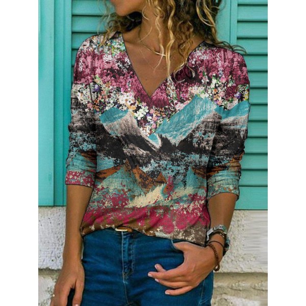 Casual V-Neck Print Top