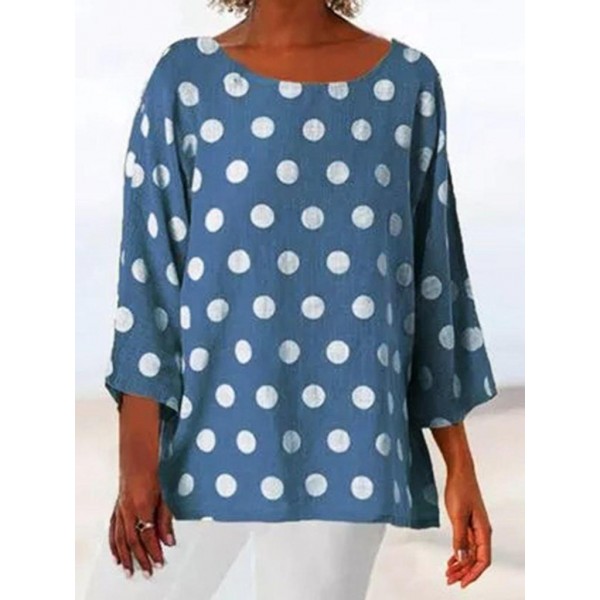 Casual Round Neck Polka Dot Print Top