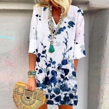 Elegant Print 3/4 Sleeve Mini Dress